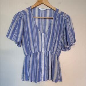 LUSH Boutique White and Blue Striped Loose Fit Flattering Top XS
